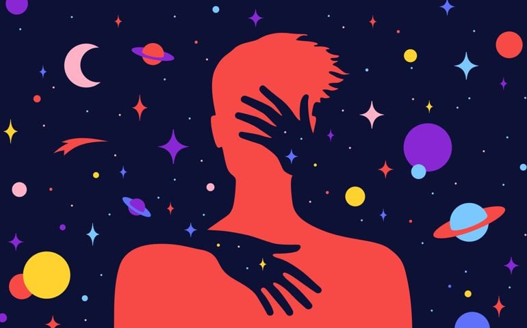 Female hands hug a silhouette of man with dream universe background. Simple character of young man with universe starry night. Concept in flat color graphic. Vector illustration