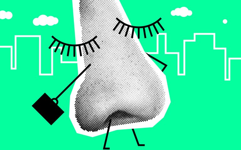 Human Nose Like Worker Is Going To Work. Vector Collage Illustration Against The Background Of The City
