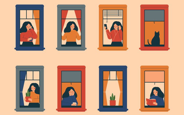Windows with women doing daily things in their apartments - drinking tea, talking phone, carrying potted plant, reading book, listening music, breathing fresh air. Vector illustration in flat style.