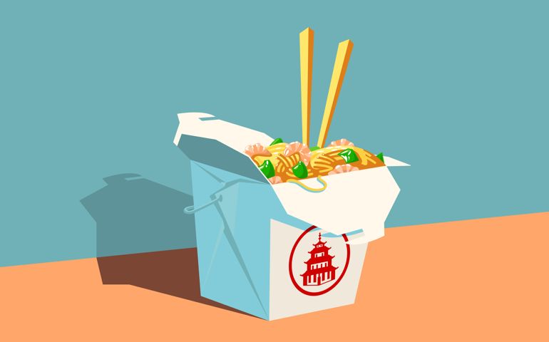 Chinese fast food vector illustration. Cardboard box with seafood noodles, greens and wooden chopsticks flat style design. Food to order and delivery concept