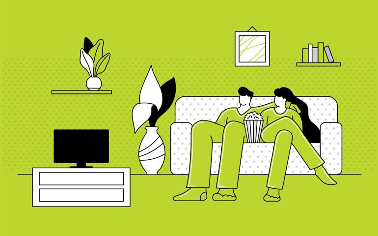 Couple watching TV. Home leisure activities concept. Editable vectors on layers.