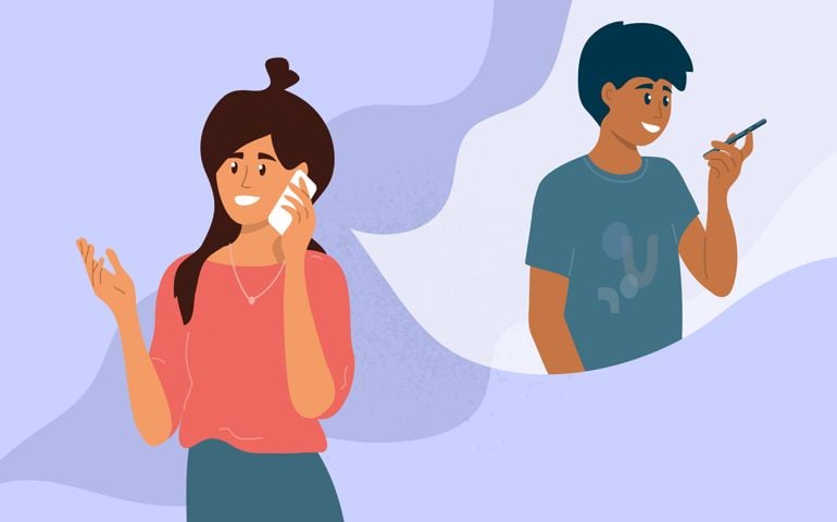 Friends make cell phone call. Young woman talking with man by smartphone. Conversation between girl and guy. People communication. Dialogue by mobile phone. Technology, distance vector illustration