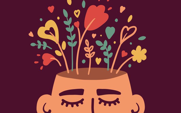 Mental health, psychology vector concept. Human head with flowers inside. Positive thinking, self care, healthy slow life. Wellbeing, wellness mind. Acceptance, blooming brain abstract illustration
