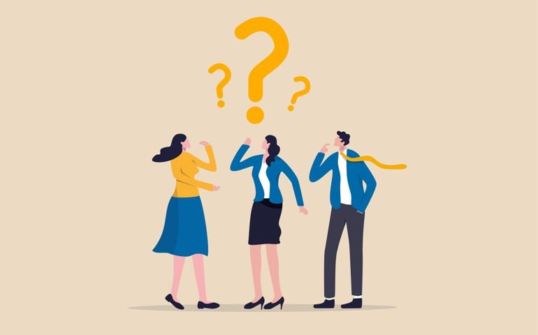Confused business team finding answer or solution to solve problem, work question or doubt and suspicion in work process concept, businessman and woman team thinking with question mark symbol.