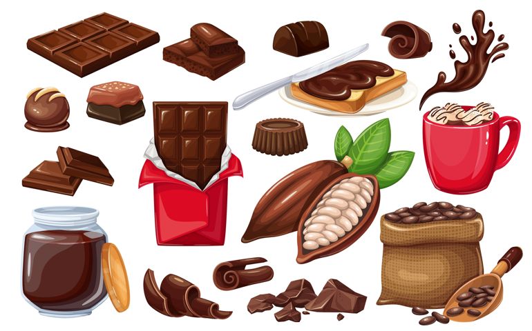 Chocolate icon set. candy, Cocoa Beans, Chips, Chocolate Bar, spred and ets for confectionery products shop.