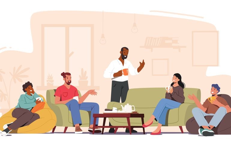 Group of Characters Celebrate Party at Home Sitting at Table in Living Room Eating Cookies, Drinking Tea. Friends Company Leisure, Weekend Spare Time, Celebration. Cartoon People Vector Illustration