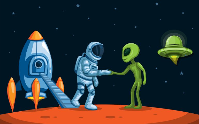 Astronaut landing on planet greeting and handshake with alien concept in cartoon illustration vector