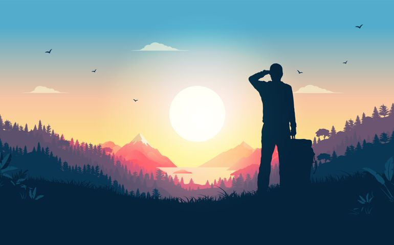 Person enjoying the start of a new day. Happiness, positive and contentment concept. Vector illustration.