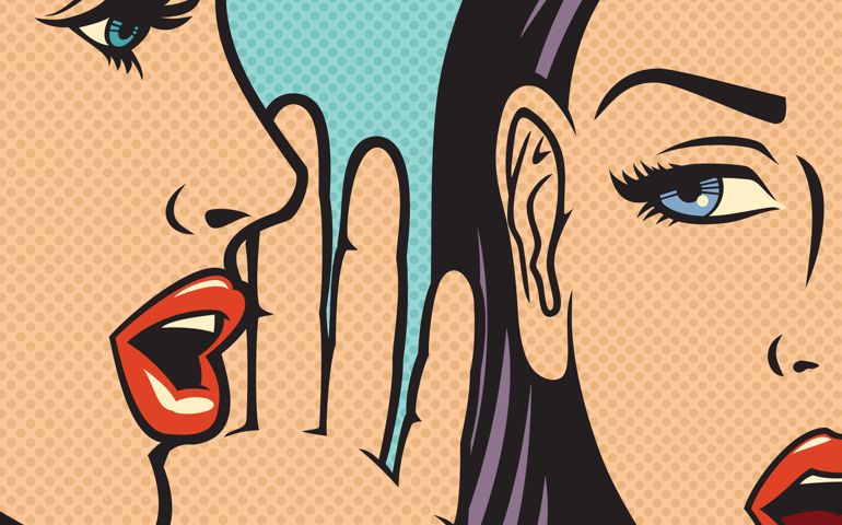 Vector illustration of beautiful woman whispering secret to her friend