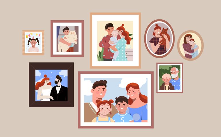 Set of family photo portraits in frames of different shapes on plain pastel wall. Concept of memorable pictures of parents and children at important moments in life. Flat cartoon vector illustration