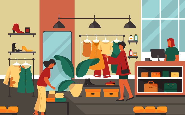 Women enjoy shopping in mall, banner or background. Vector poster with people choosing clothes in store or boutique. Shop center interior, woman apparel.