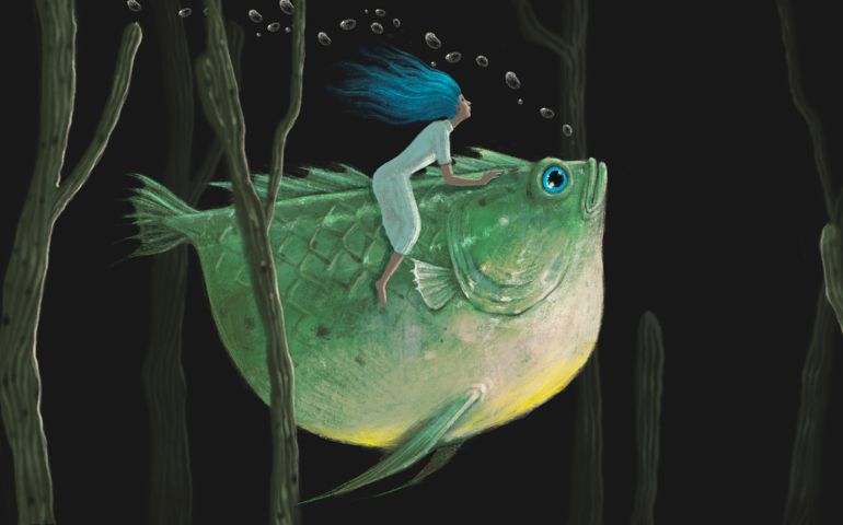 Fantasy art of woman with giant fish. Mystery concept. animal illustration