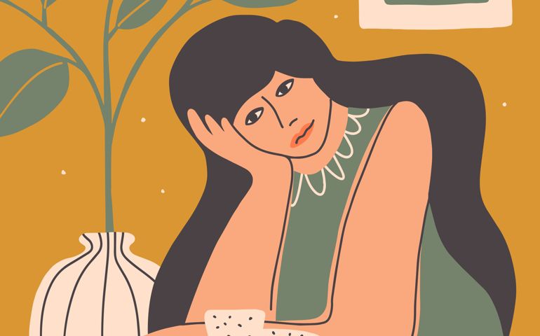 Sad woman sitting at table resting head on hand. Unhappy lonely aloof look girl. Depression, anxiety, mental health problem. Tired mother at home. Female sorrow feeling frustration vector illustration