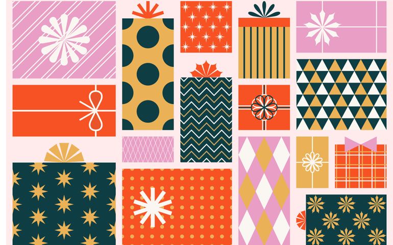Gift giving season banner. Set of Christmas presents in geometric wrapping paper. Vector top view illustration of Christmas presents for social media, blog articles on gift guide and giveaway themes.