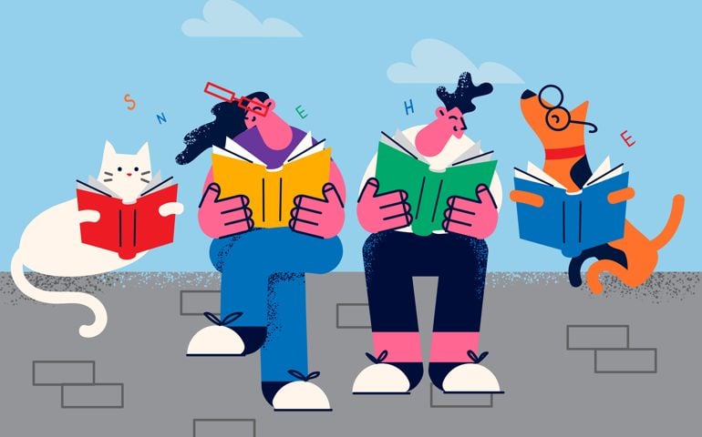 Happy couple with cat and dog relax together reading books. Smiling man and woman with domestic pets animals have fun enjoy literature on leisure weekend. Hobby concept. Vector illustration.