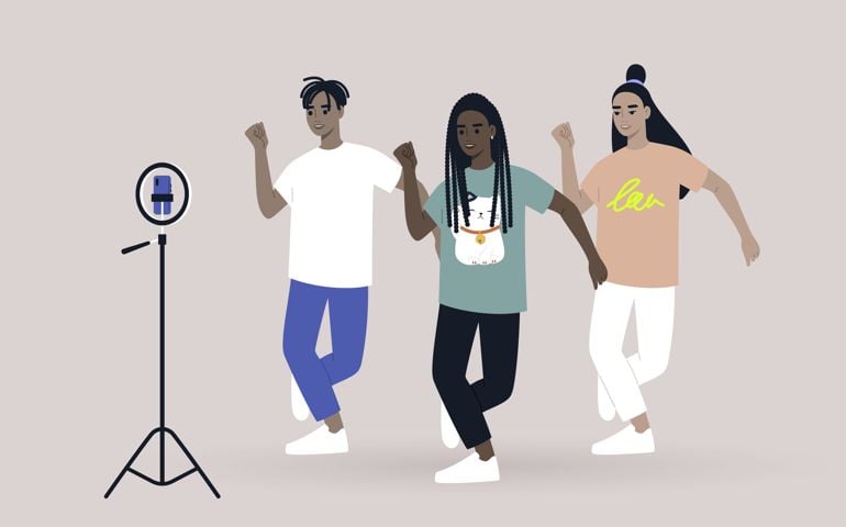 Contemporary choreography, a social media dancing challenge, dancers recording themselves with a phone on a tripod