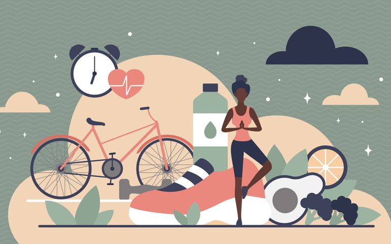 Girl choosing healthy lifestyle vector illustration. Cartoon female character practicing yoga near sport equipment, vegetables and water bottles. Healthy lifestyle, diet and weight loss concept