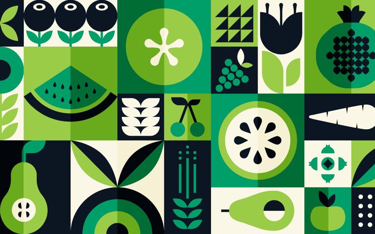Organic fruit vegetable geometric pattern. Natural food background creative simple bauhaus style, agriculture vector design.