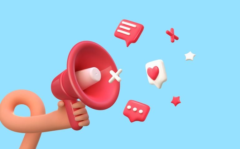 3d cartoon hand holding loudspeaker vector illustration. Customer attraction. Social media marketing