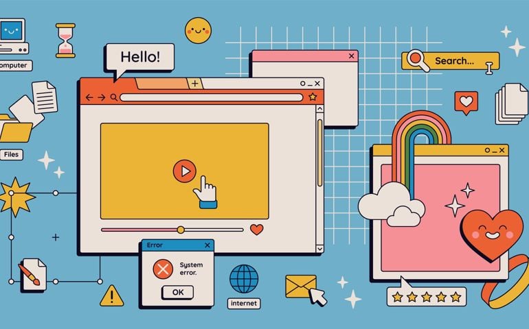 90s retro vaporwave aesthetics digital screen user interface. Cute old computer ui elements, nostalgic pc icons and dialog boxes vector set. Illustration of computer screen 90s