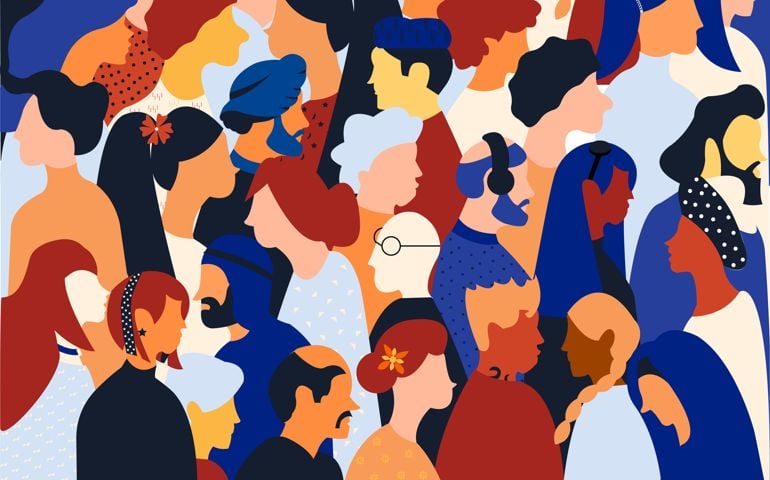 Flat illustration of a crowd containing inclusive and diversified people all together without any difference.