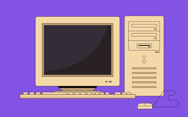 Retro computer. Old PC with monitor keyboard and mouse in flat style. Nostalgia for 1990s