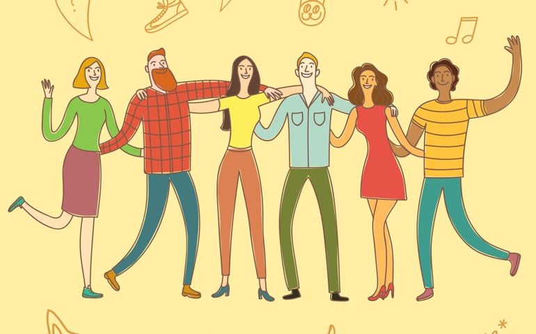Group of six happy friends, boys and girls, hugging each other. Including doodle elements on background. Colorful illustration about unity for your design.