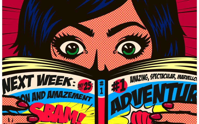 Pop art comics style excited girl having fun reading action comic book or adventure graphic novel vector illustration