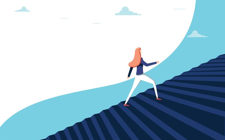 Buisnesswoman climbing career steps vector concept. Symbol of ambition, motivation, success in career, promotion.