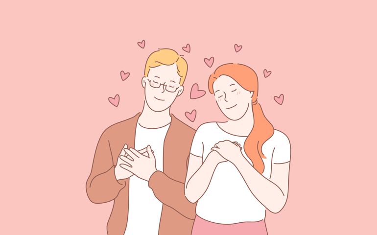 Young people in love, positive emotion concept. Tenderness and fondness, cuddle, embrace, romantic atmosphere, dreaming boy and girl, date waiting, warm feelings. Simple flat vector