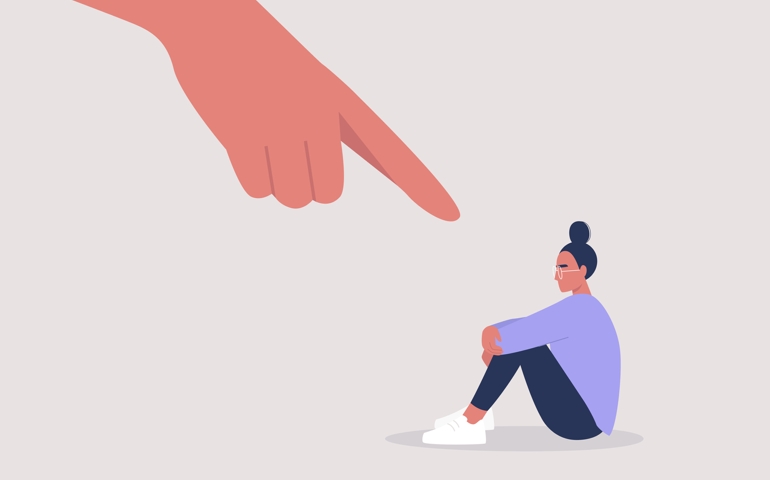 Bullying, Pointing finger, Hate, Sexism, Sad female character hugging their knees, Aggression