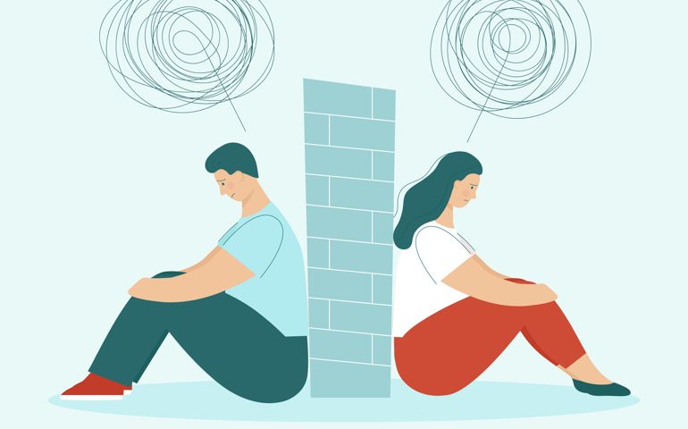 Problems in relationships, conflicts.Husband and wife at odds.Wall between them.Flat vector illustration
