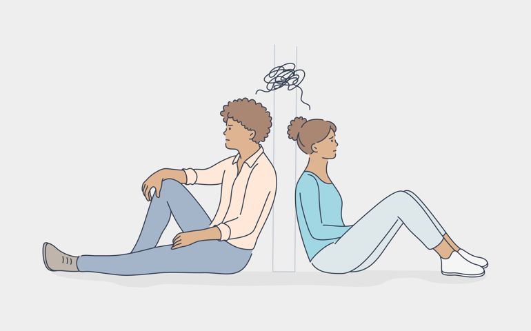 Young angry man boyfriend and woman girlfriend husband wife characters sitting separately from each other. Relationship break up and misunderstanding.