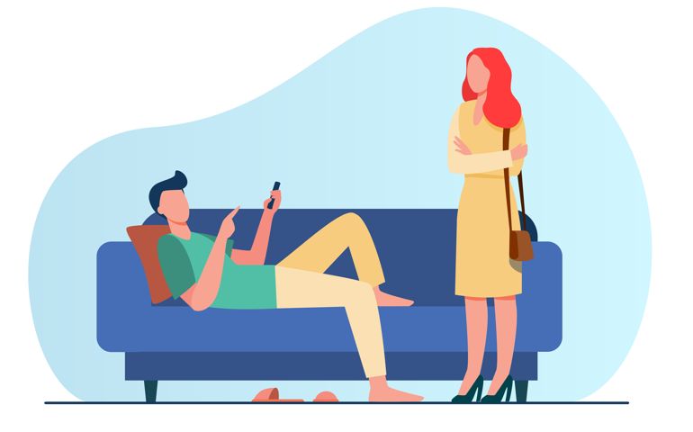 Man lying on sofa when woman standing and looking at him.