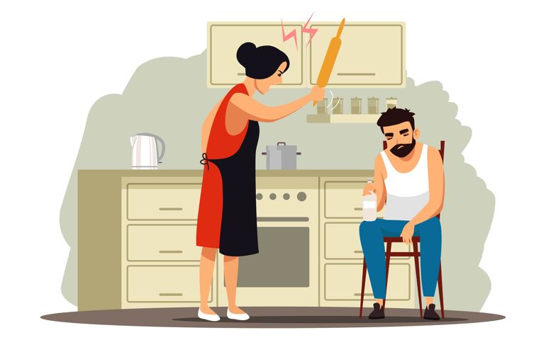 Angry wife yells at drunk husband. Woman shouting, screaming, fighting, sad man siiting with bottle.