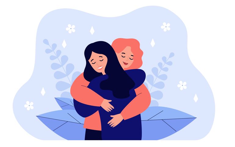 Female friend hug. Women embracing each other, expressing love, affection, support. Vector illustration for friendship, strong relations, support concept