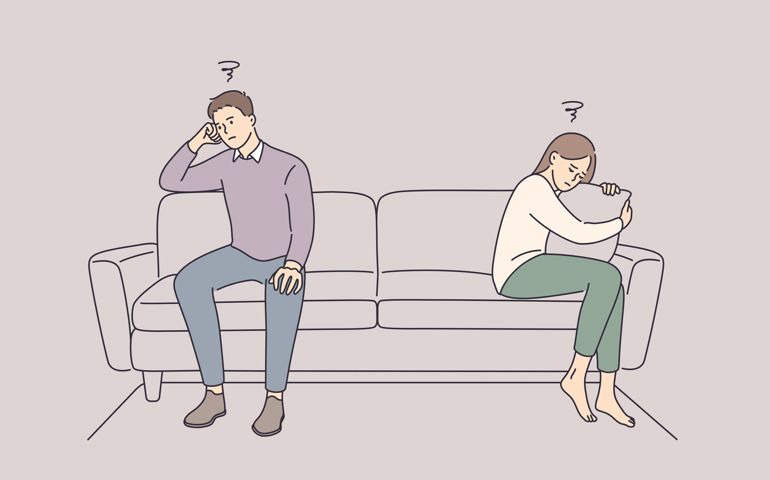 Problems in communication and fight concept. Sad unhappy Husband and wife cartoon characters sitting on couch and keeping silence after quarrel at home vector illustration