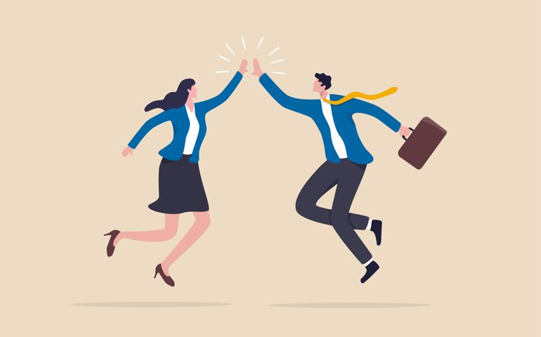 Team success winners, hi five or congratulation on business goal achievement, collaboration or encouragement concept,