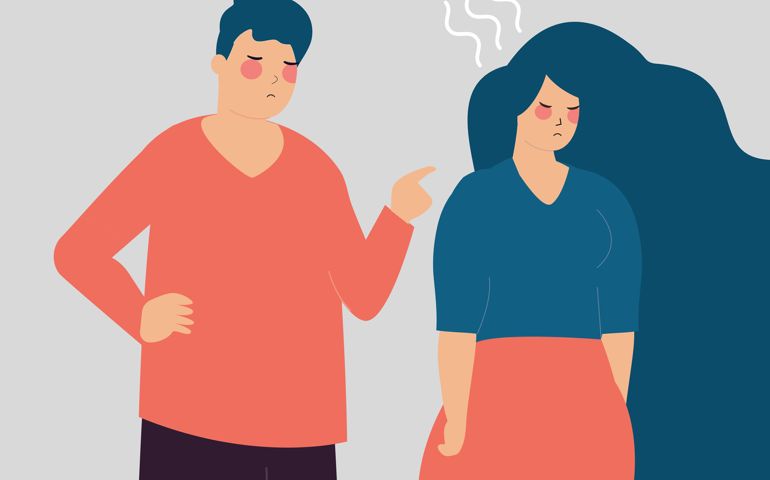 Wife Feeling sad, stressed, abused, nervous because of her husband harassment. mental disorder issues, couple domestic violence, stop bullying concept.
