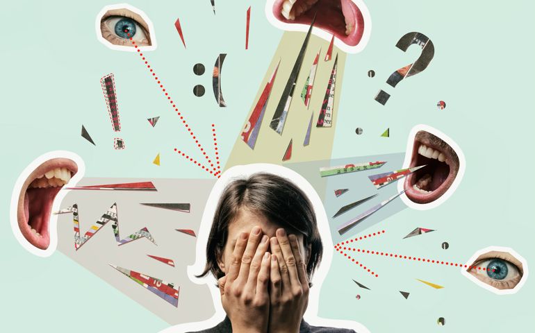 Collage with a woman covering her face and screaming mouths. Bullying, abuse, harassment. Concept.