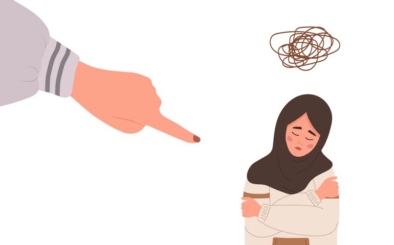 . Finger pointing on sad arab girl. Depressed teenager in hijab sitting on floor and crying. Violence in school. Vector illustration in flat cartoon style.