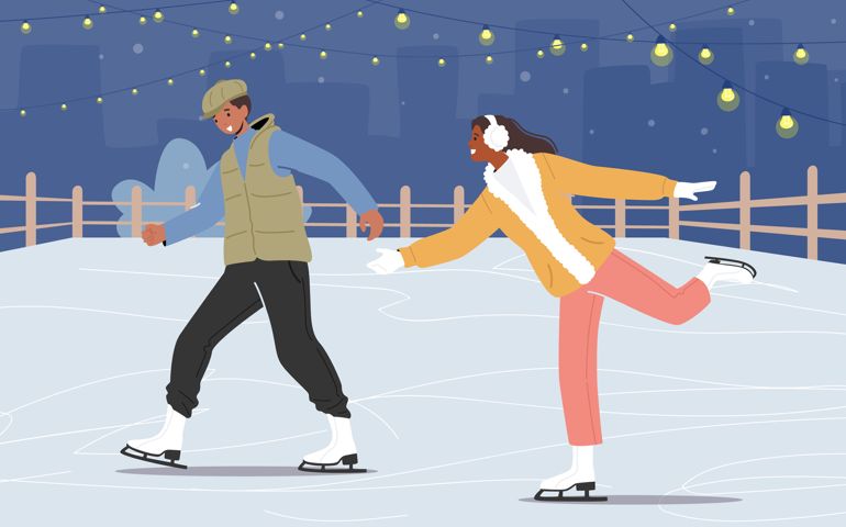 Happy Couple of Teenagers Skate at Night City Ice Rinks, Outdoor Activities at Winter Park.