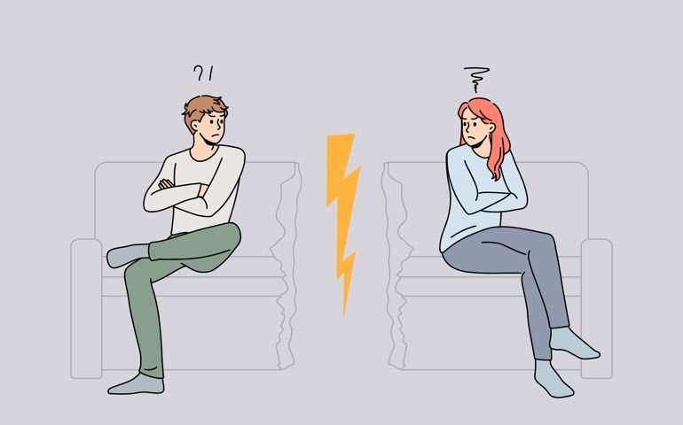 Unhappy stubborn couple sit separate on cut couch have family fight or quarrel.