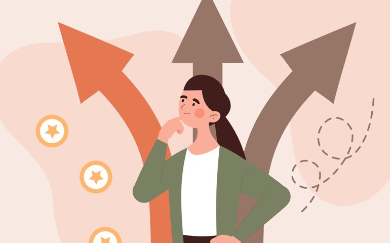 Concept of various paths. Girl looking for solution to problem, internal difficulties.