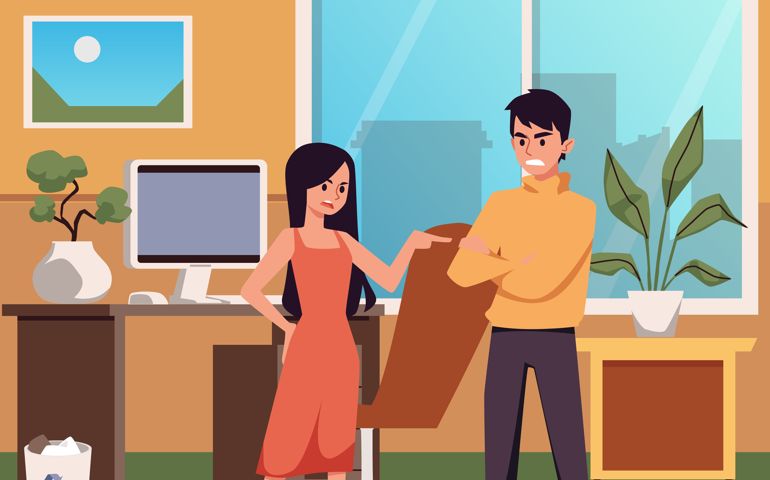 Young angry man and woman arguing and conflicting in office.