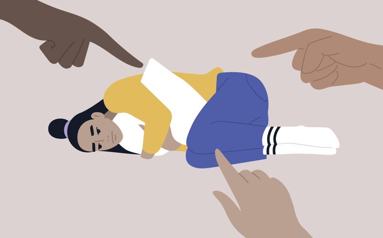 A young female character squeezing a pillow, grief and sorrow concept, depression and anxiety