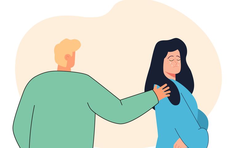 Husband comforting or apologizing to crying wife. Man touching shoulder of woman flat vector illustration. Relationship