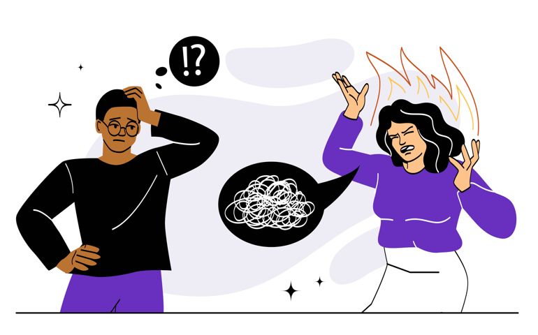 Angry woman concept. Young girl yells at man,