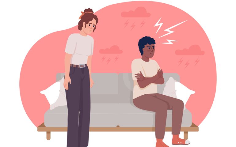 Couple conflict flat concept vector illustration. Abusive relationship. Angry partner.