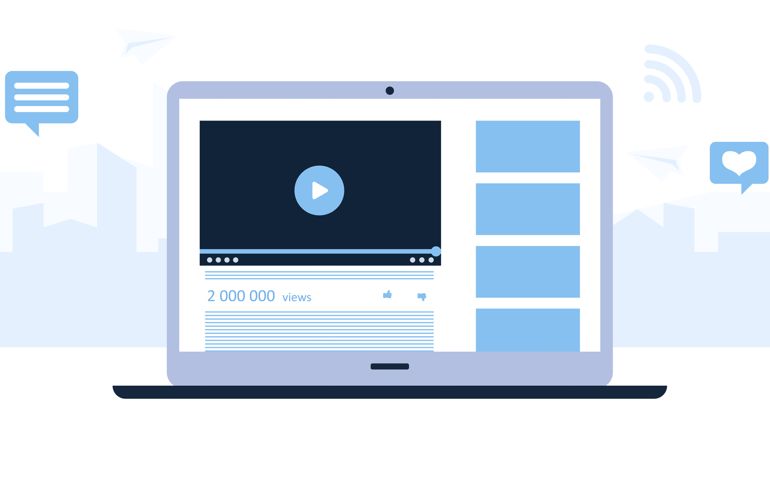 Presentation of a video channel of laptop. Light blue background with tall buildings of the city. Modern technologies for business. Flat design.